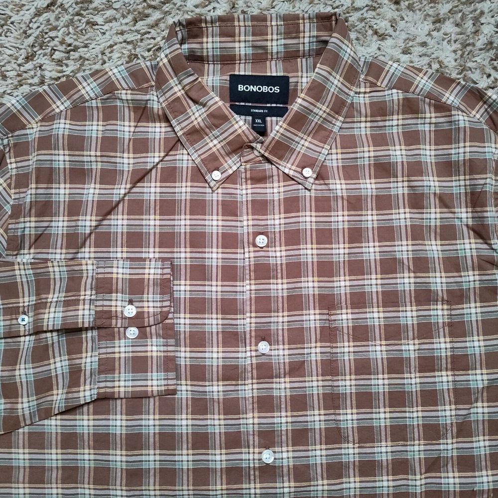 Bonobos Brown Plaid Men Sz XXL Standard Fit Oxford Long Sleeve Button Up Shirt
